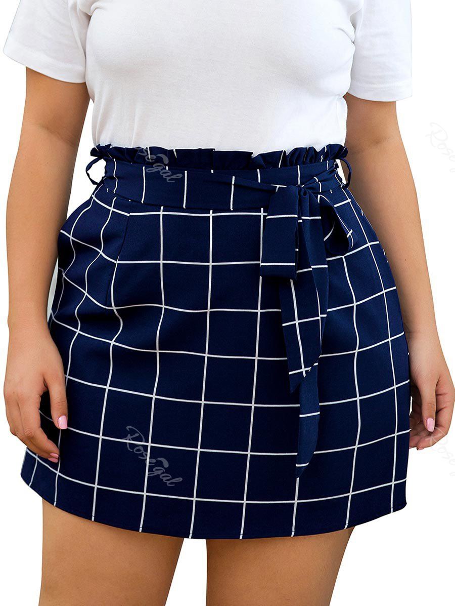 

Plus Size Grid Print Paperbag Mini Skirt, Lapis blue