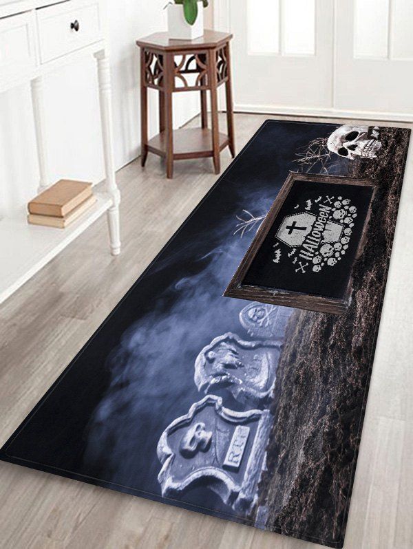 

Halloween Skull Graveyard Print Floor Rug, Mist blue