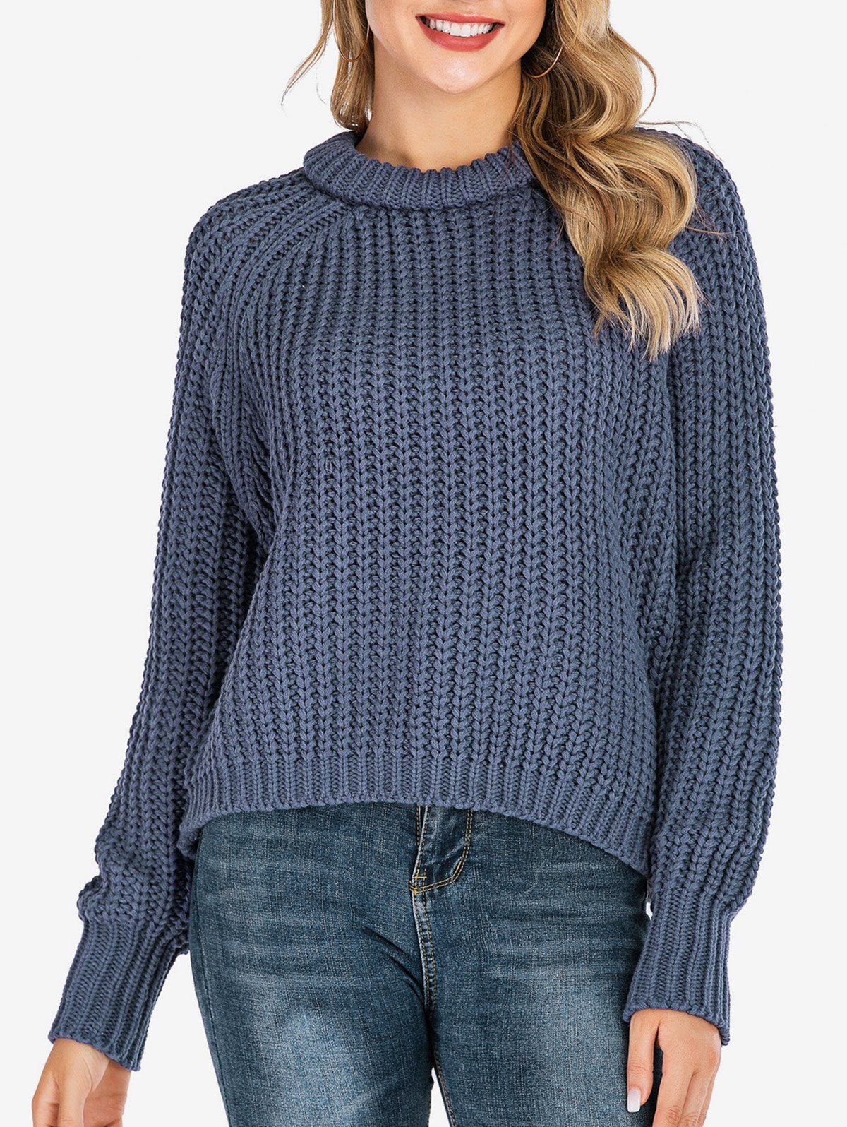 

Crew Neck Chunky Raglan Sleeve Sweater, Blue