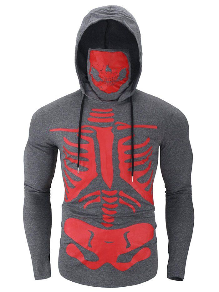 

Halloween Skeleton Print Finger Hole Pullover Skull Mask Hoodie, Dark gray