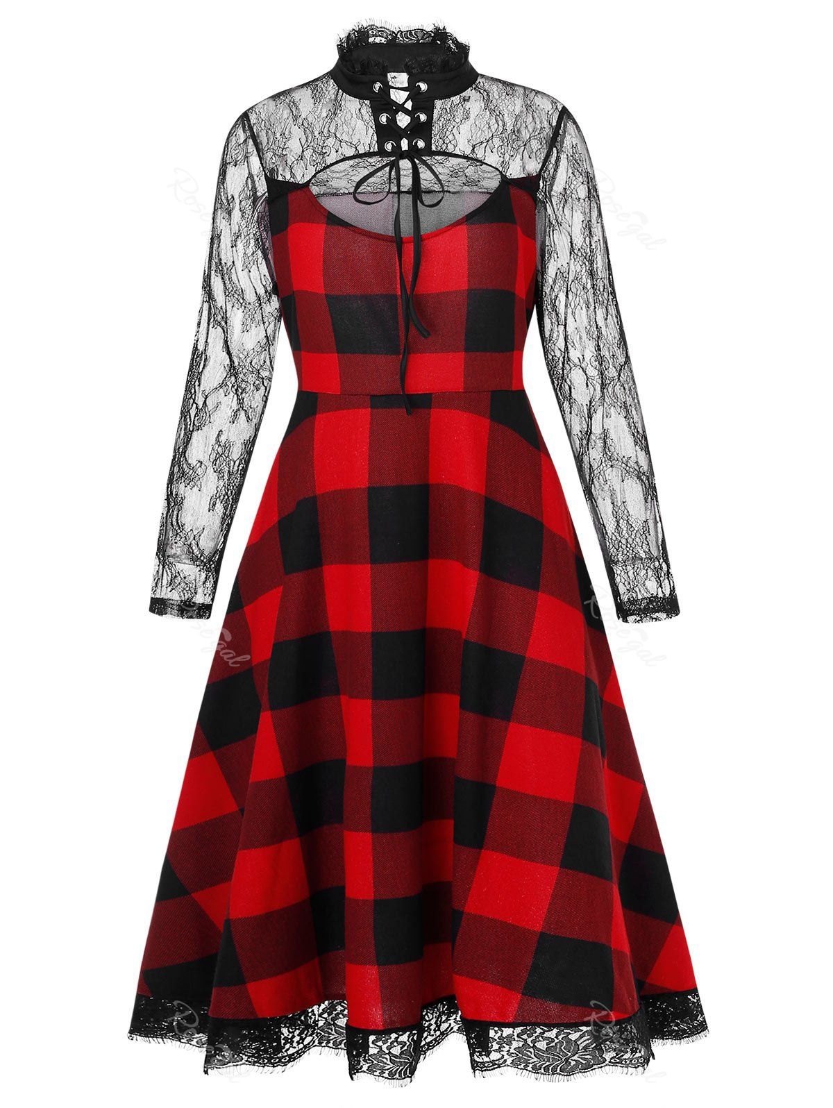 Online Plus Size Gothic Cut Out Lace Panel Plaid Dress  