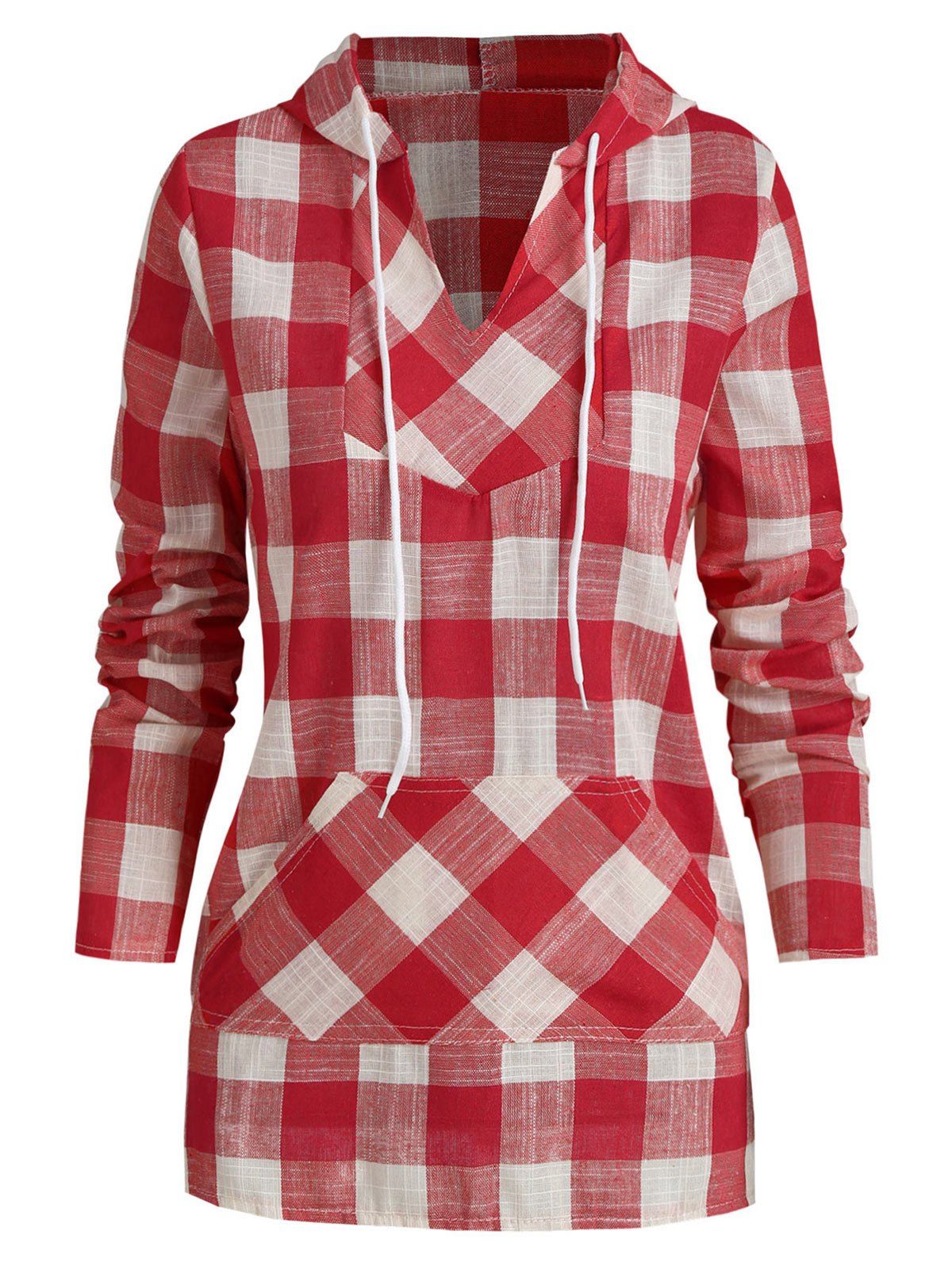 

Plaid Kangaroo Pocket Casual Hoodie, Red