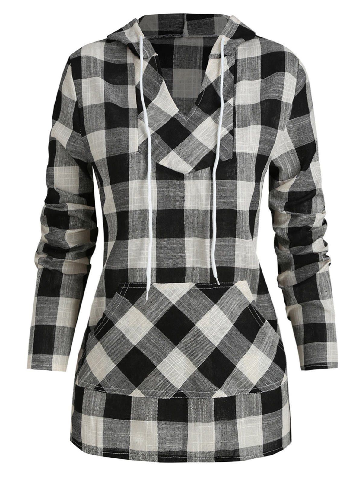 

Plaid Kangaroo Pocket Casual Hoodie, Black