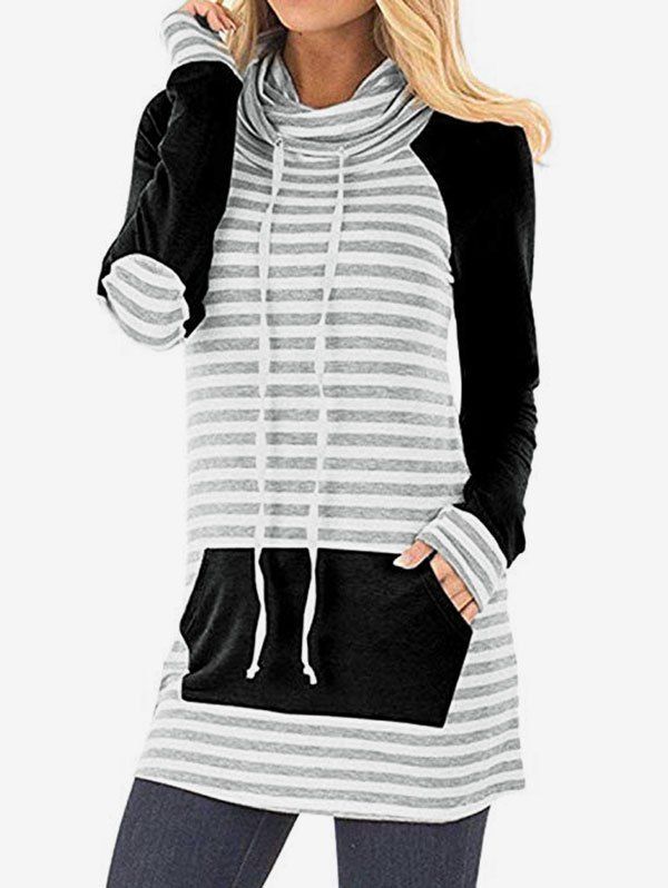 

Cowl Neck Striped Elbow Patch Sweatshirt, Black