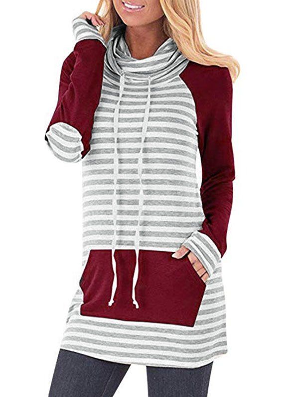 

Cowl Neck Striped Elbow Patch Sweatshirt, Red wine
