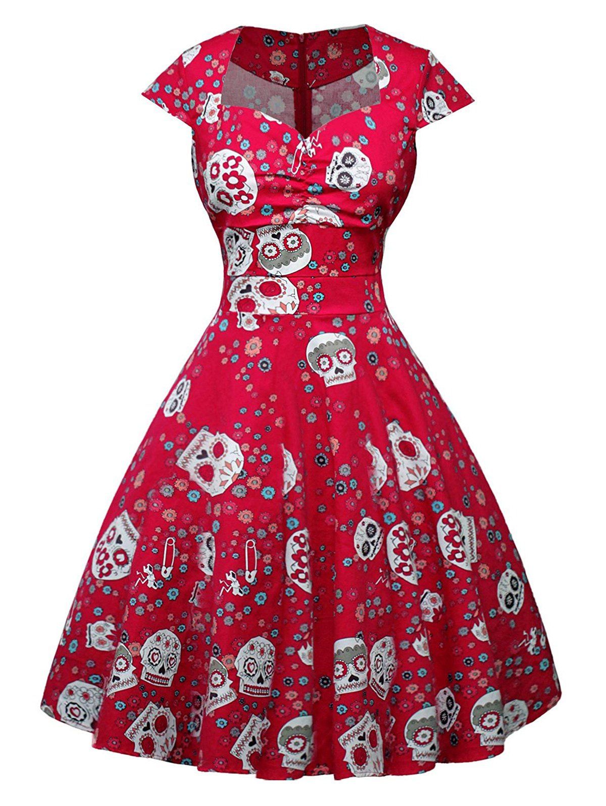 

Halloween Skull Floral Print A Line Cap Sleeve Dress, Red