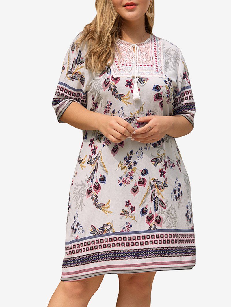 

Plus Size Tassels Embroidered Bohemian Floral Dress, Multi-a