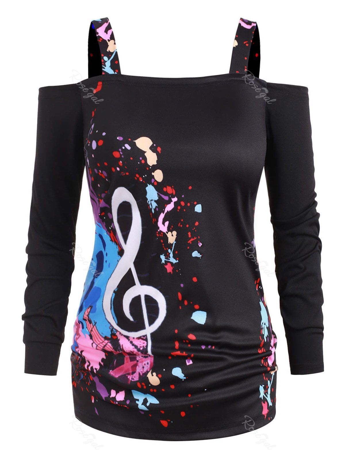 

Plus Size Musical Note Print Cold Shoulder Top, Black