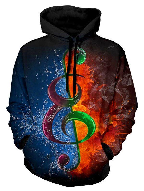 

Water and Fire Music Note Print Drawstring Hoodie, Multi