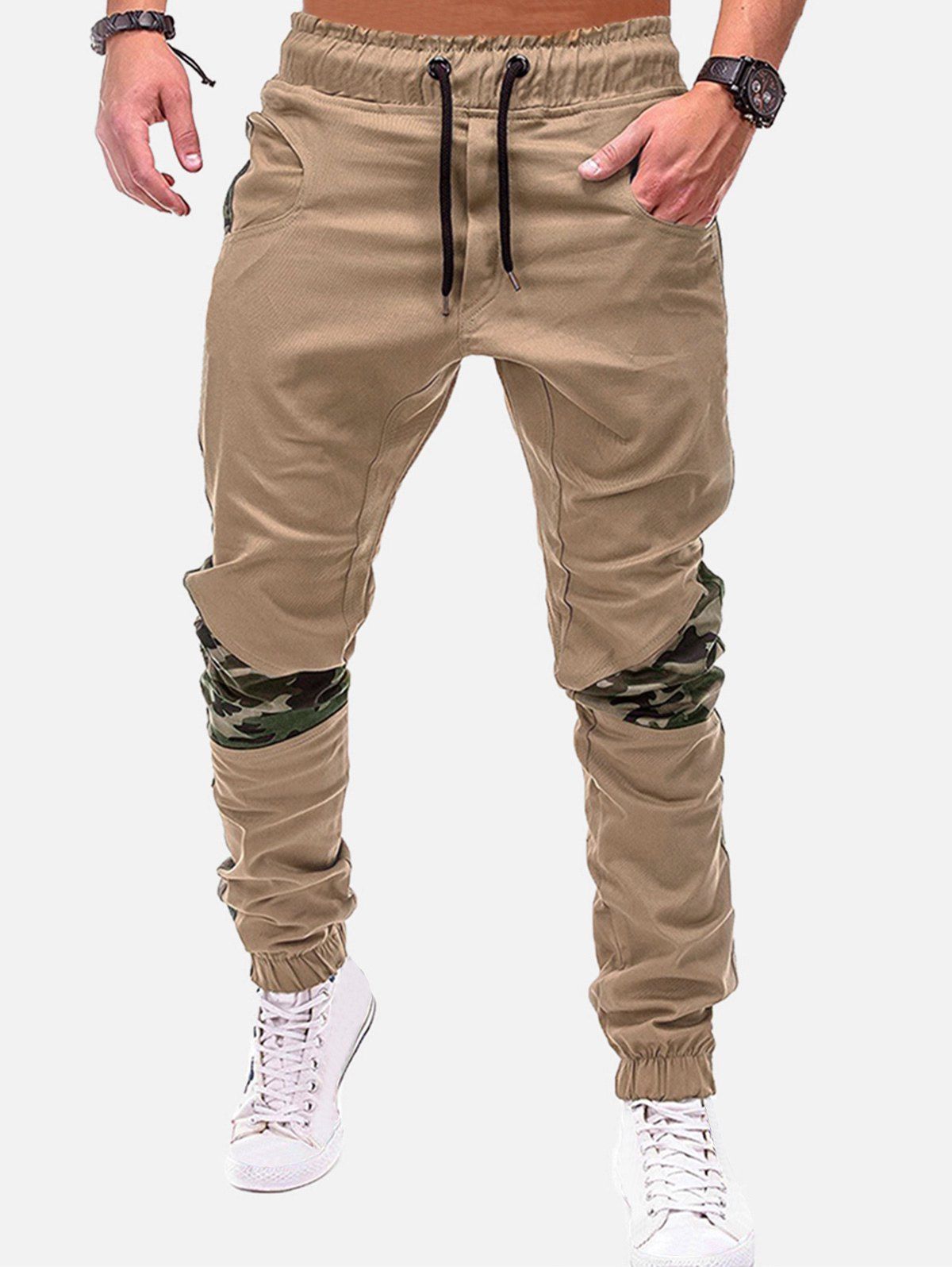 

Camouflage Print Spliced Drawstring Jogger Pants, Khaki
