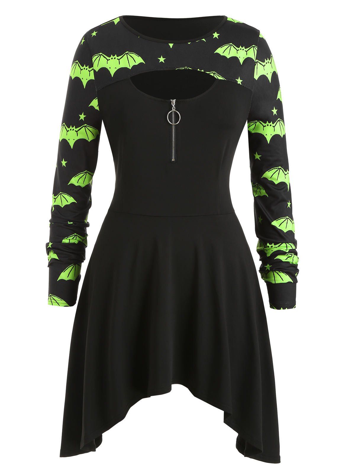 

Plus Size Halloween Bat Print Cutout Half-zip Tunic Top, Black