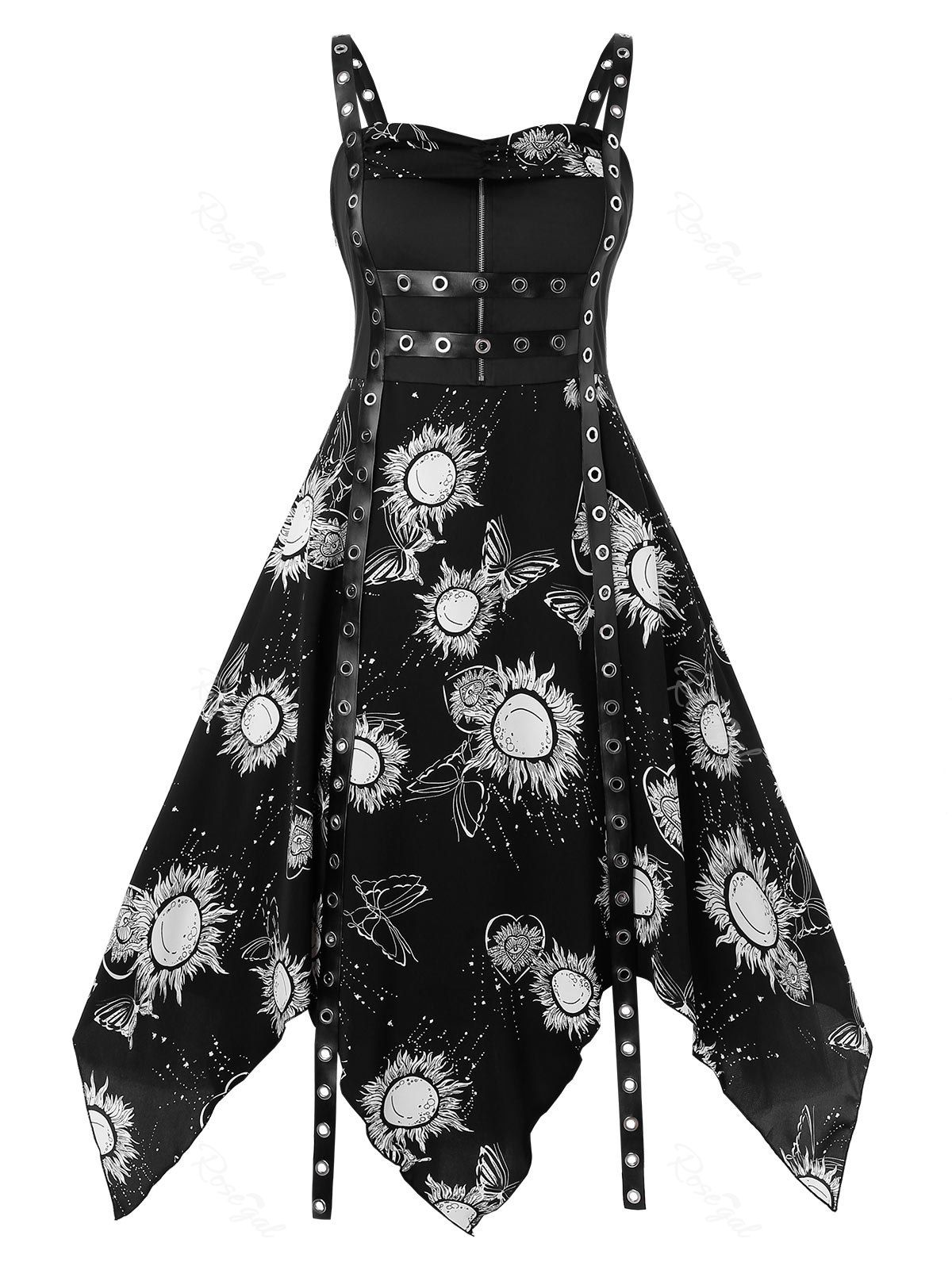 

Plus Size Halloween Grommets Sun Print Gothic Dress, Black