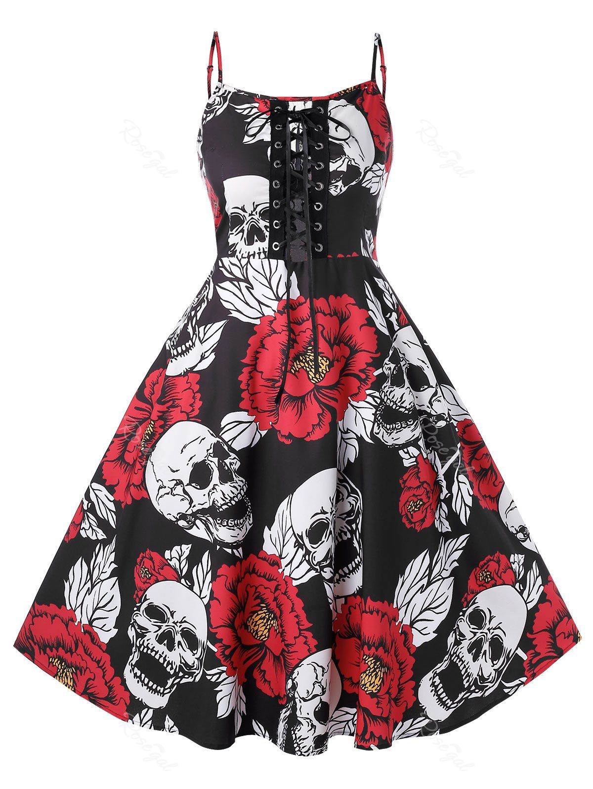 

Plus Size Halloween Vintage Lace Up Skull Floral Print Party Dress, Black