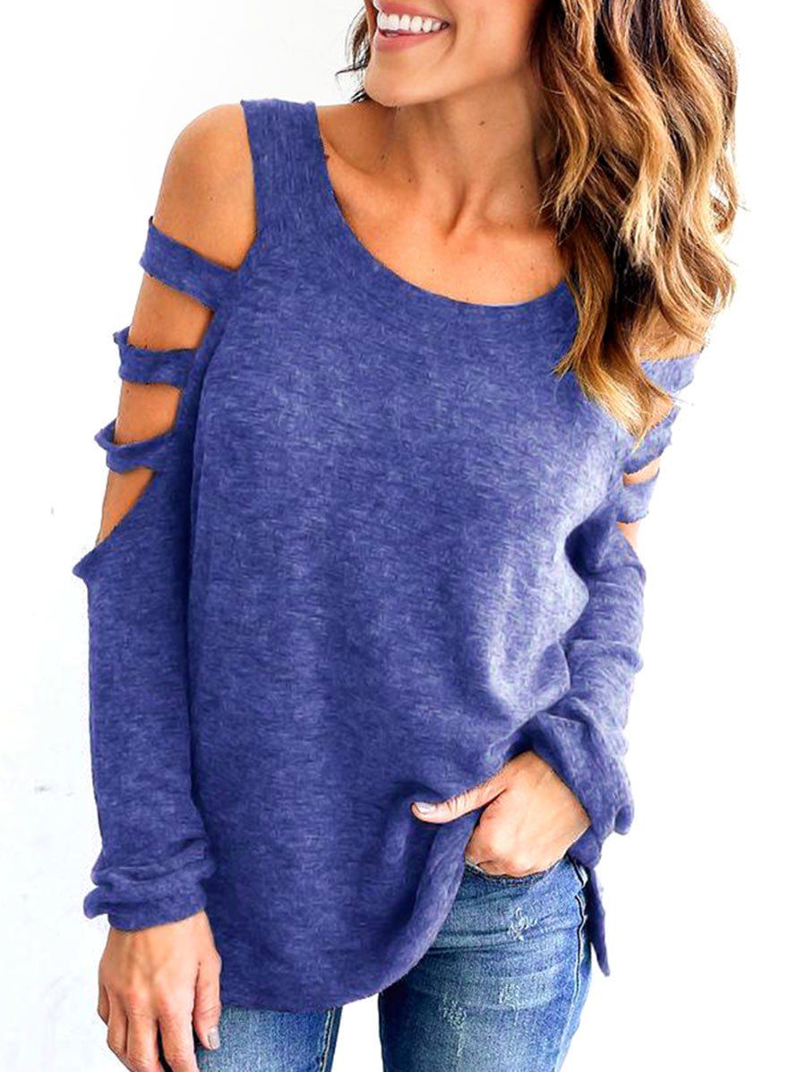 

Ladder Cutout Long Sleeve Tunic Top, Blue