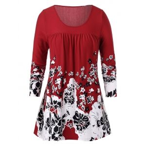

Plus Size Long Sleeve Floral Print Tunic T Shirt, Lava red