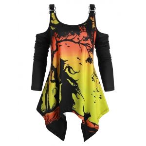 

Handkerchief Witch Print Cold Shoulder Halloween Plus Size Top, Black