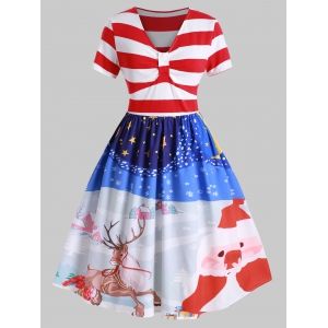 

Plus Size Christmas Vintage Stripe Printed Party Dress, Red