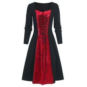 

Two Tone Velvet Panel Lace Up Long Sleeve Dress, Black