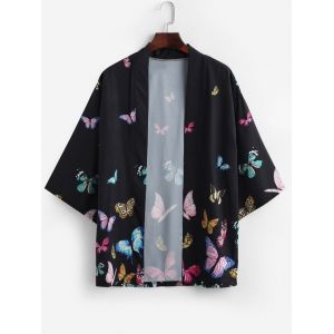 

Butterfly Allover Print Open Front Kimono Cardigan, Black