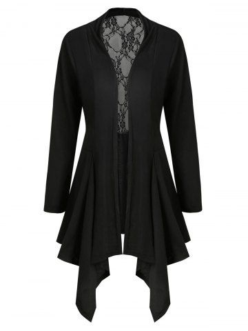 

Handkerchief Lace Panel Open Front Plus Size Cardigan, Black