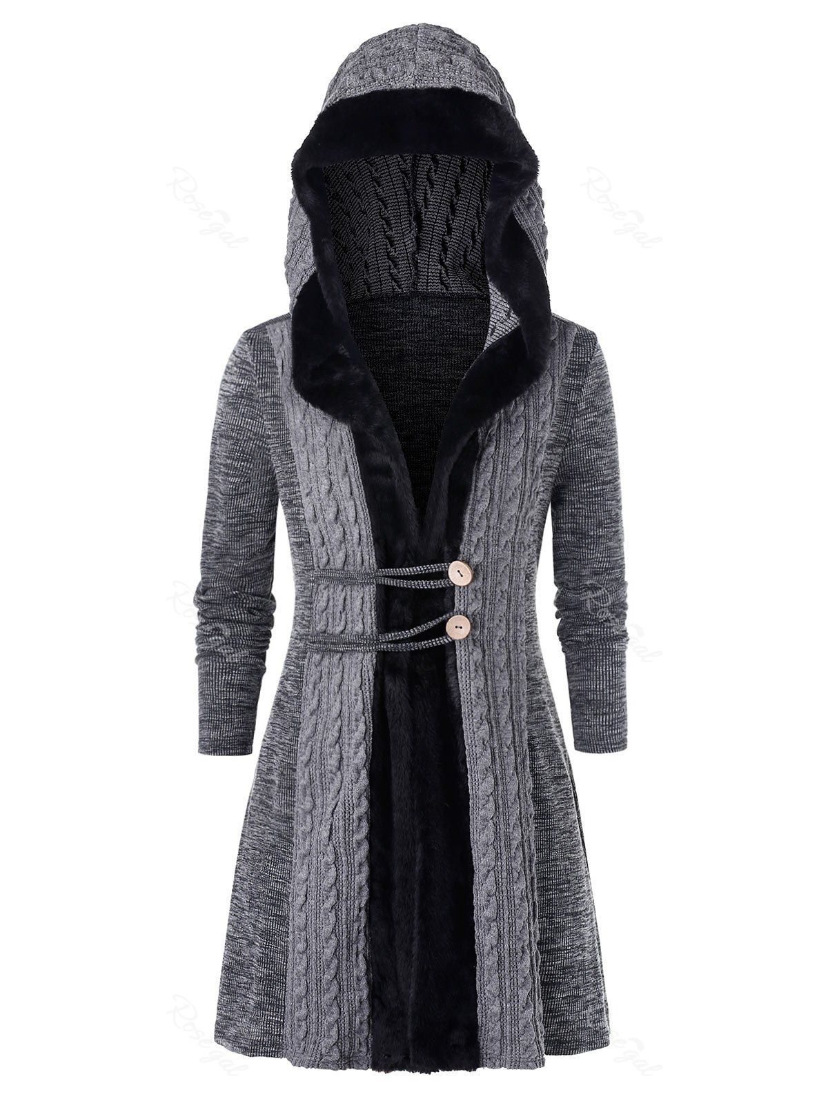 

Plus Size Faux Fur Hooded Cable Knit Cardigan, Gray
