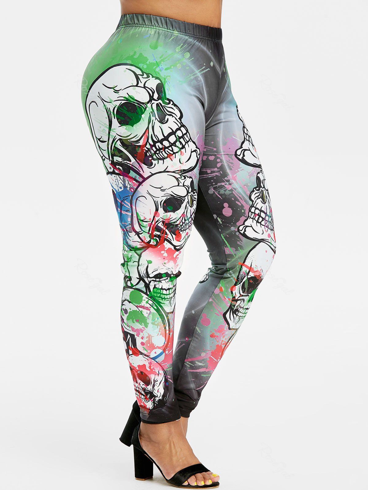 

Plus Size Skull Print Splatter Paint Halloween Leggings, Multi