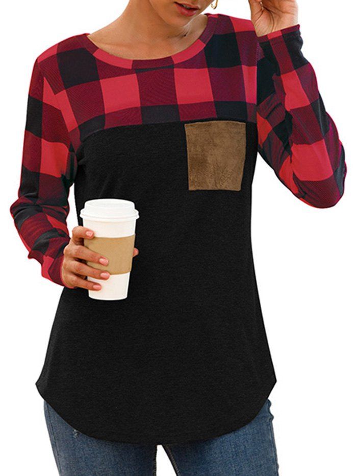 

Plaid Chest Pocket Curved Long Sleeve Tee, Multi-a
