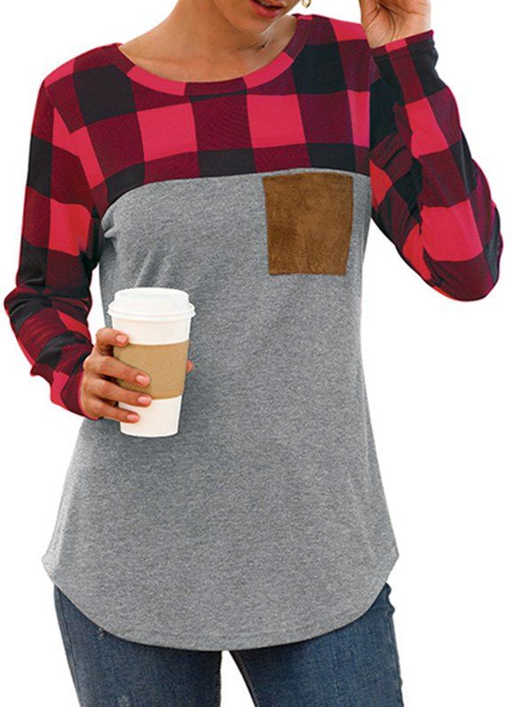 

Plaid Chest Pocket Curved Long Sleeve Tee, Multi-c