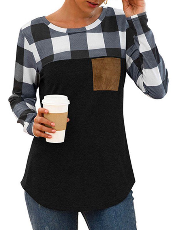 

Plaid Chest Pocket Curved Long Sleeve Tee, Multi-b
