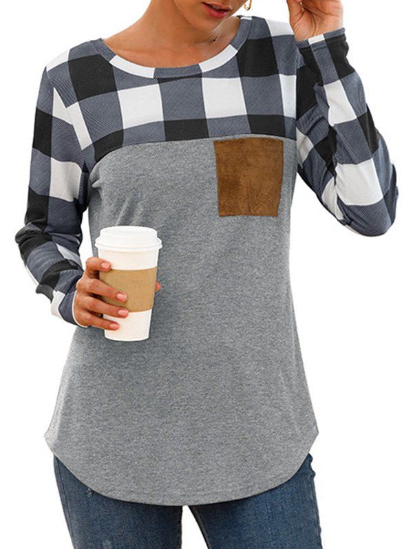 

Plaid Chest Pocket Curved Long Sleeve Tee, Multi-d