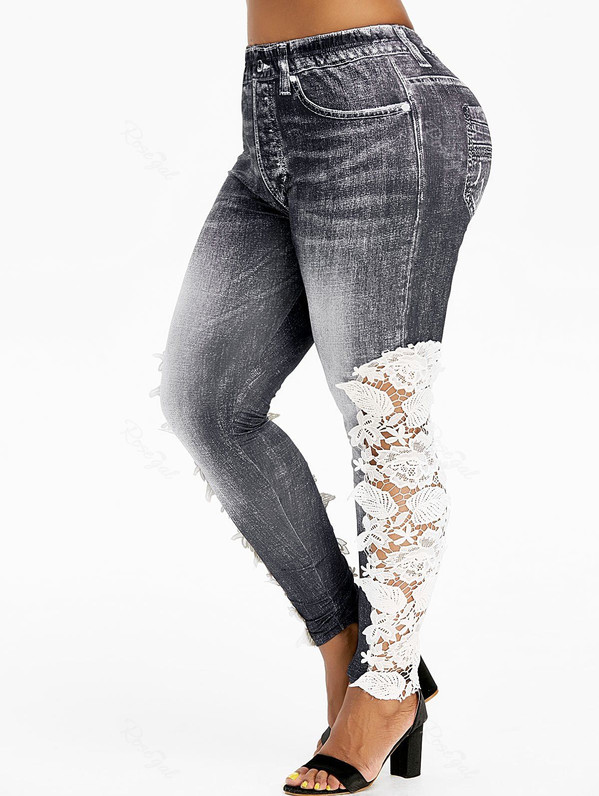 

High Waisted Lace Panel 3D Printed Plus Size Jeggings, Black