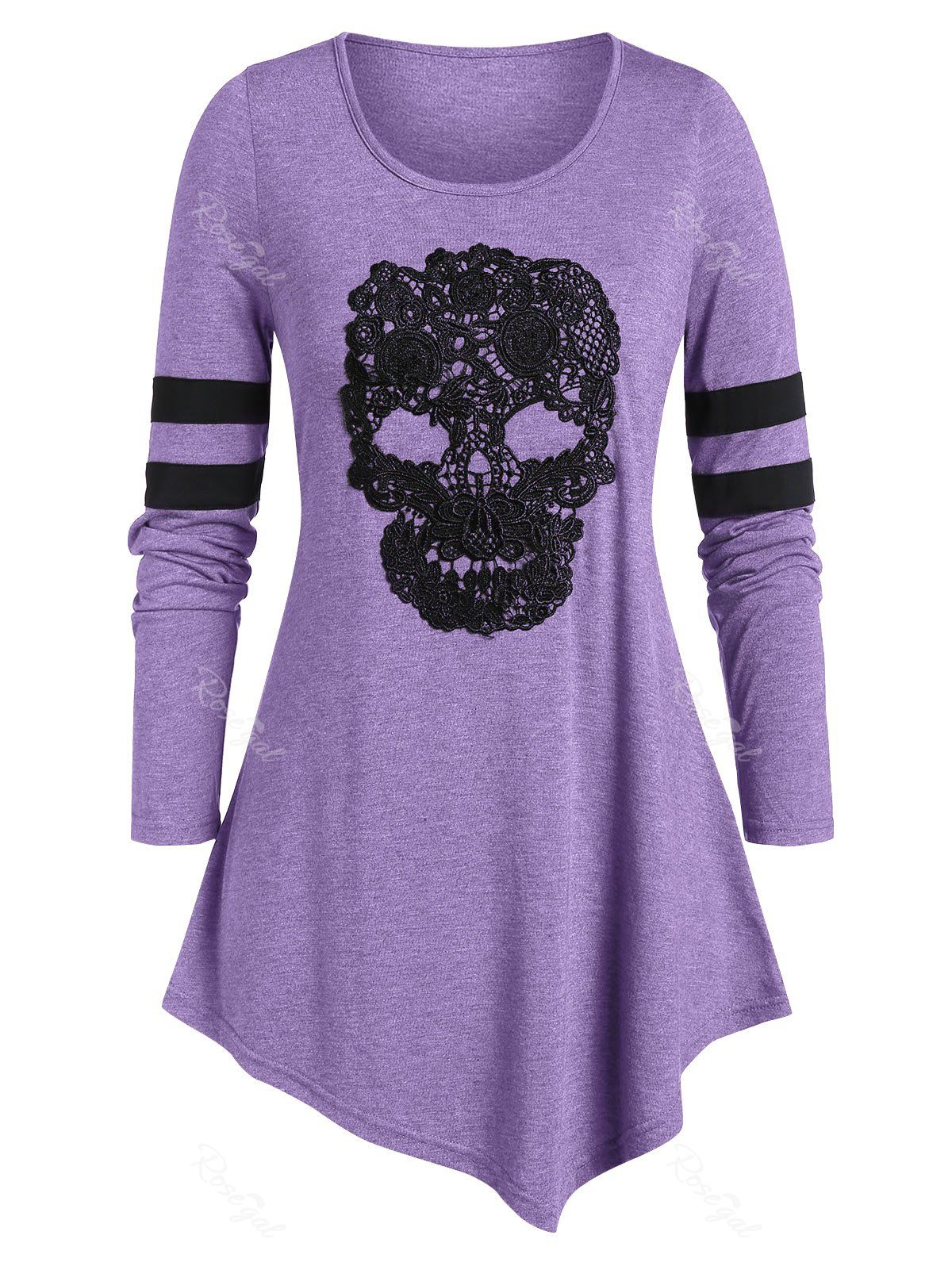 

Plus Size Skull Print Tunic Round Collar T Shirt, Medium purple