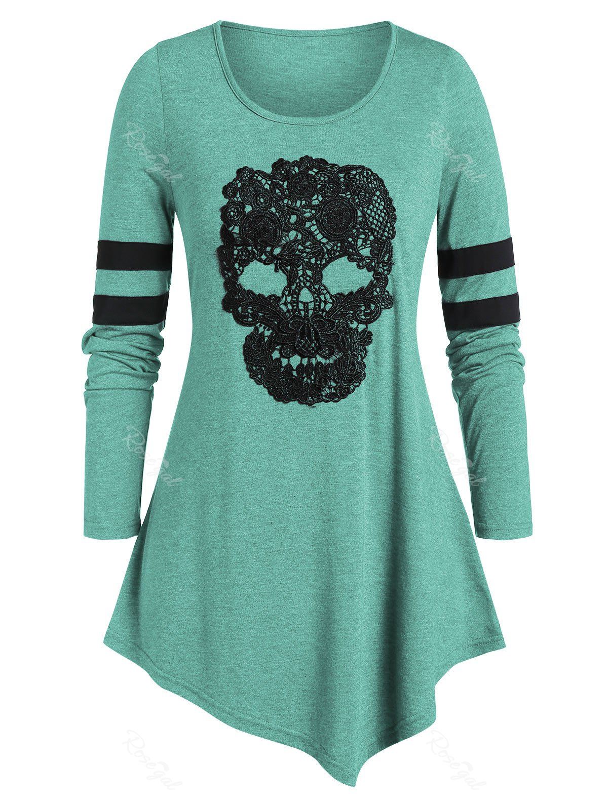 

Plus Size Skull Print Tunic Round Collar T Shirt, Light sea green
