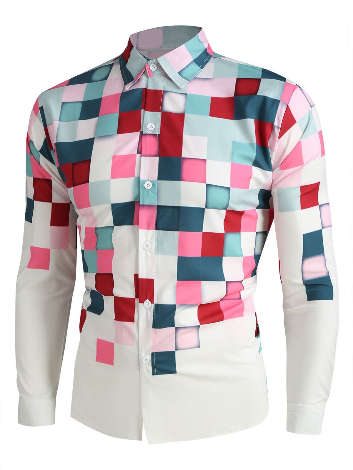 

Geometric Plaid Print Long Sleeves Shirt, White