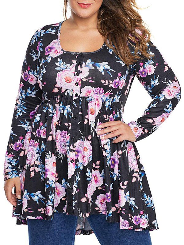 

Plus Size Floral Mock Button Tunic Top, Black
