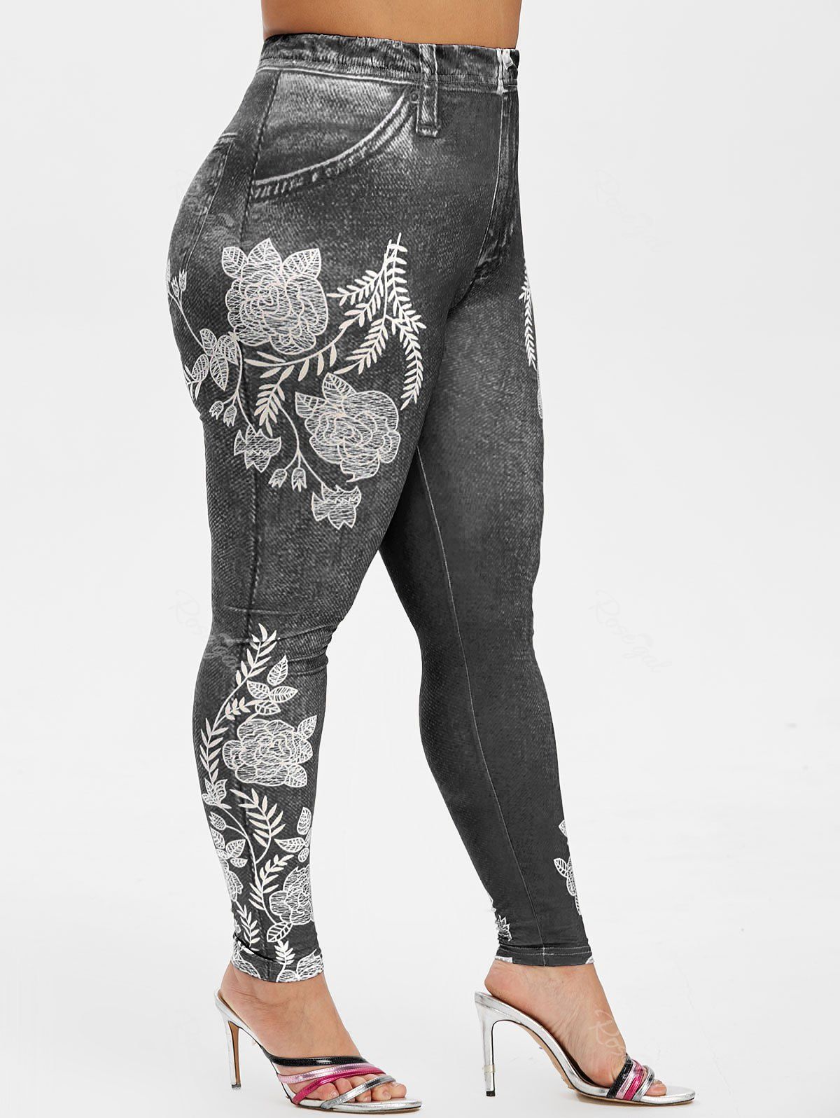 

Plus Size Flower Print Skinny Jeggings, Black