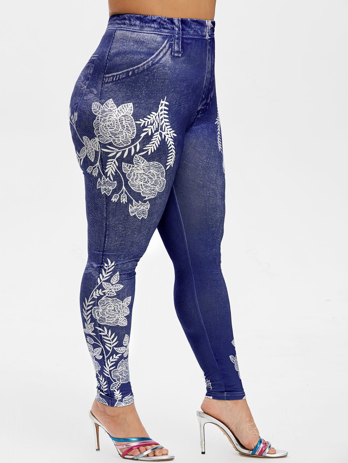 

Plus Size Flower Print Skinny Jeggings, Dark slate blue