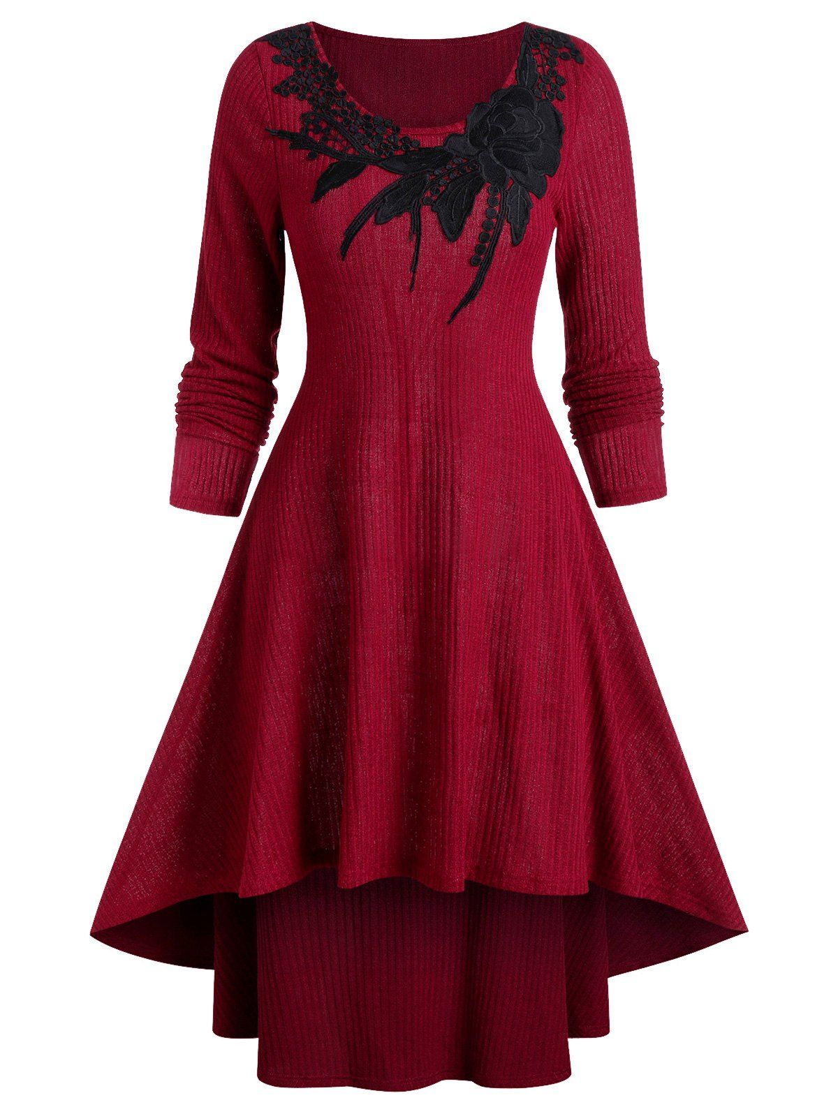 

Round Collar Applique High Low Sweater Dress, Red wine