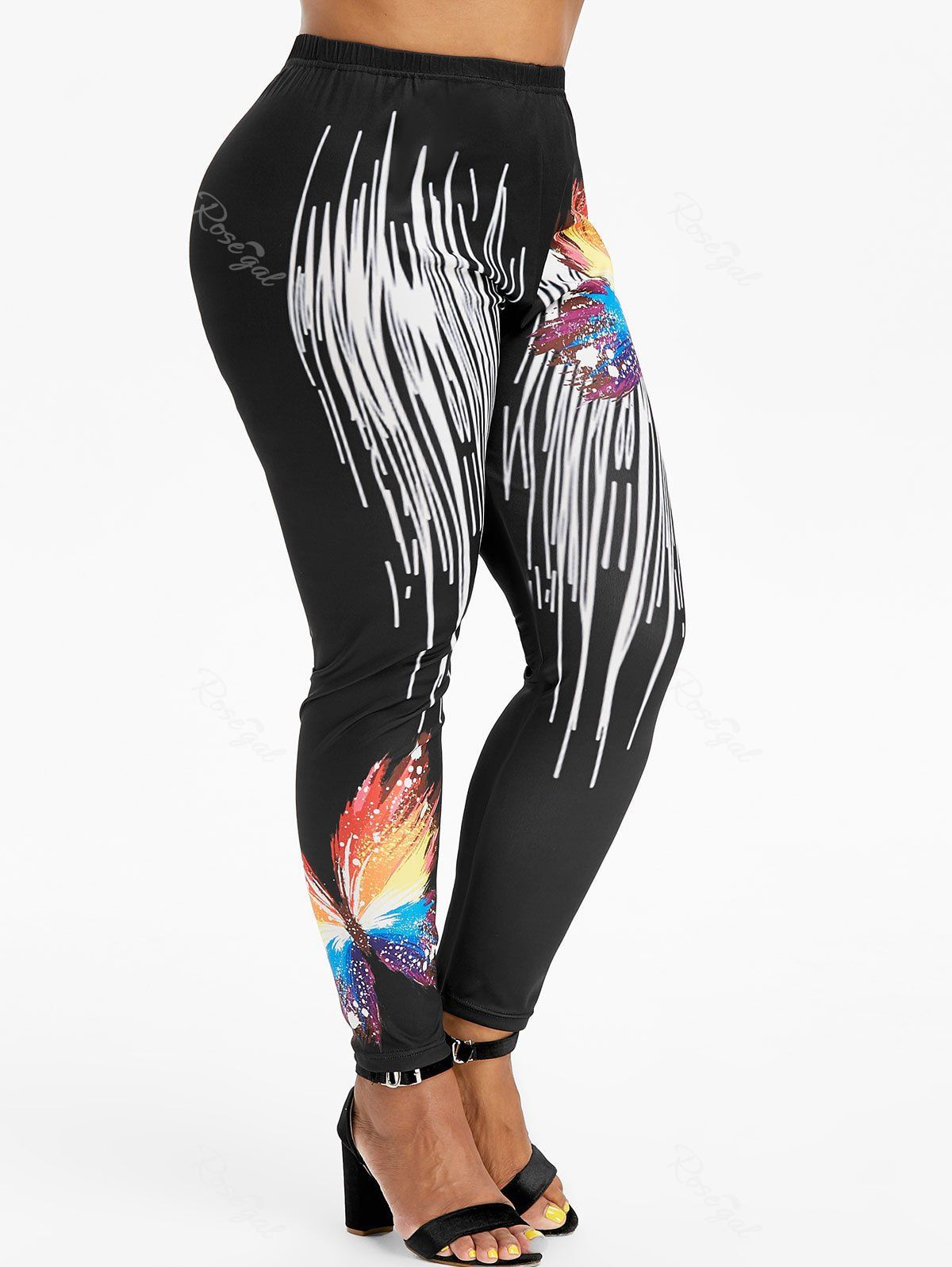 

High Waisted Paint Splatter Butterfly Print Plus Size Leggings, Black