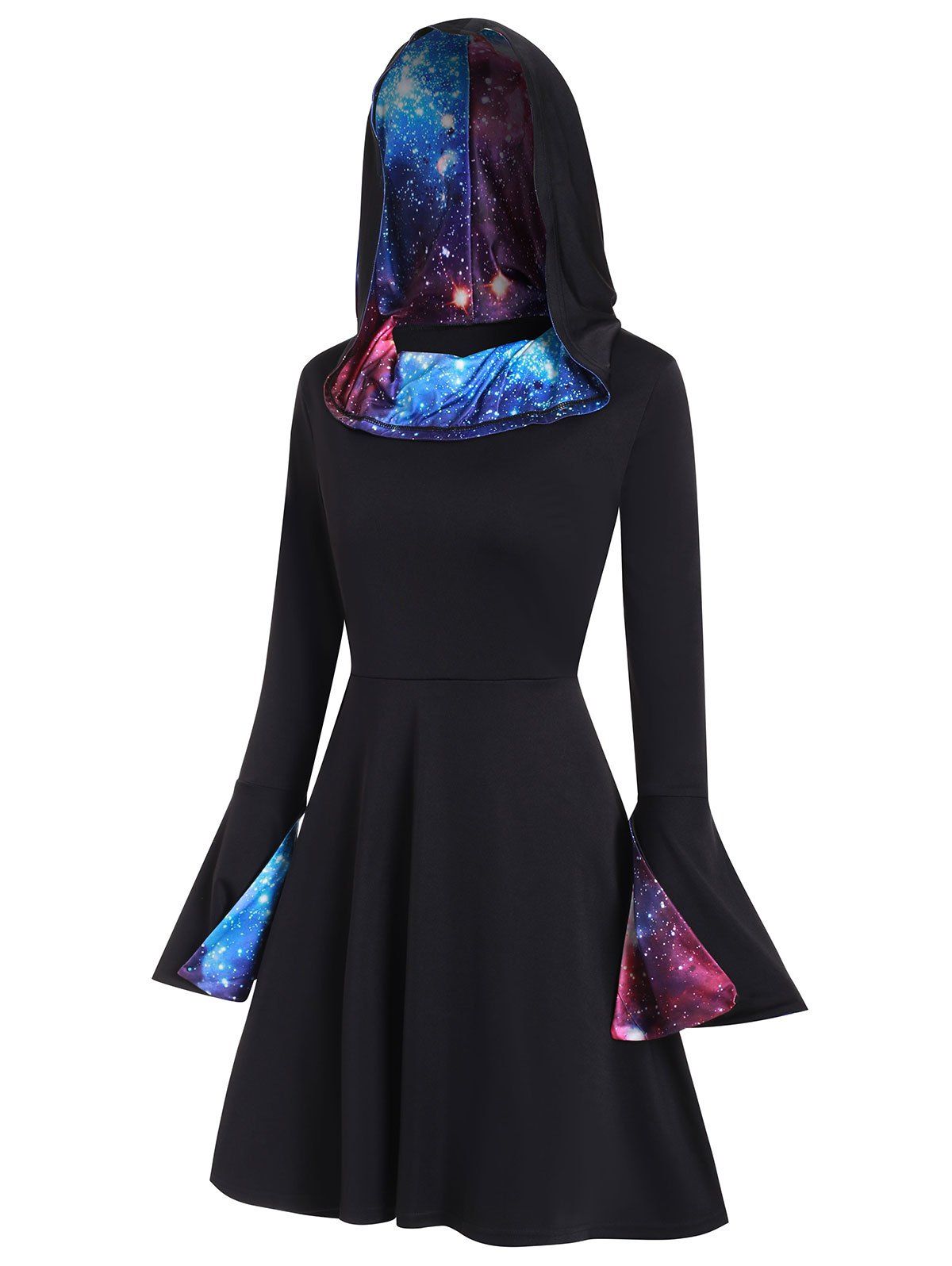 

Galaxy Slit Flare Sleeves Hooded Dress, Black