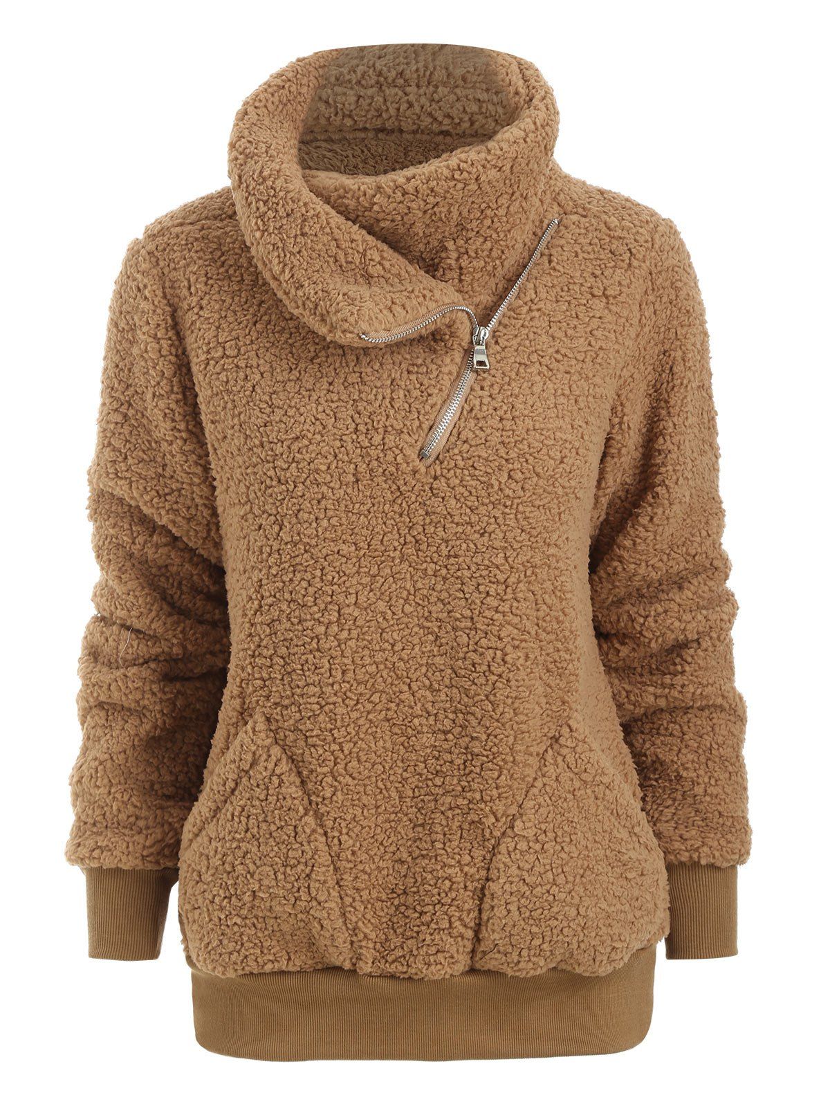 

Quarter Zip Faux Shearling Double Pocket Sweatshirt, Brown