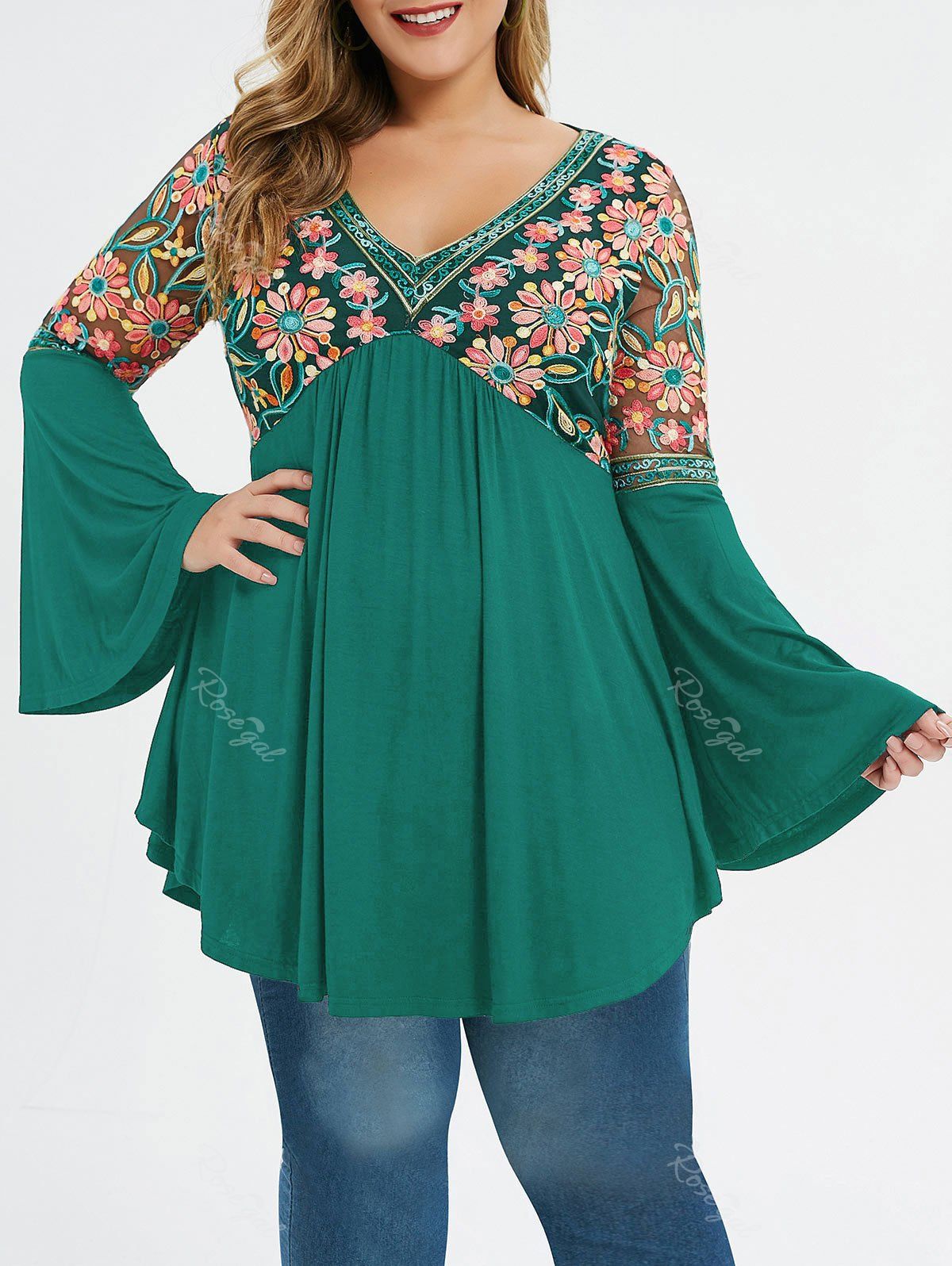 

Plus Size Flare Sleeve Embroidered T-shirt, Dark turquoise