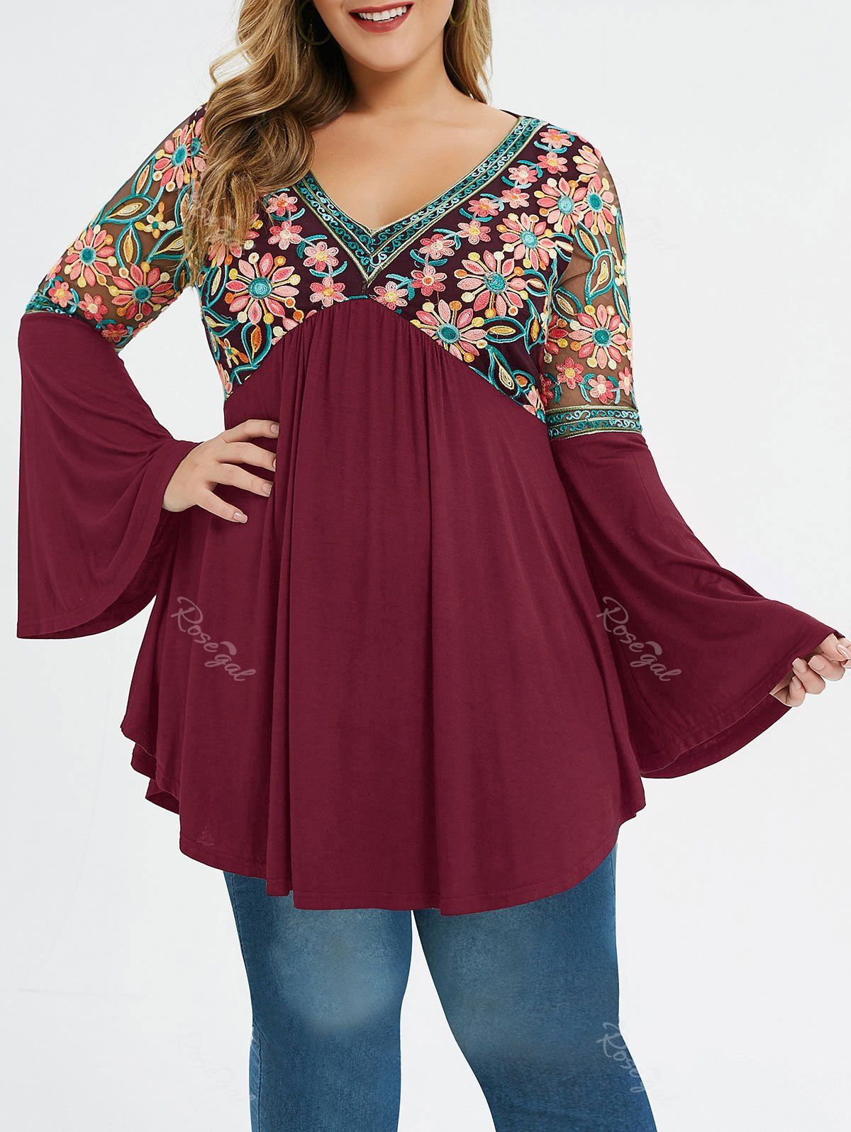 

Plus Size Flare Sleeve Embroidered T-shirt, Red wine