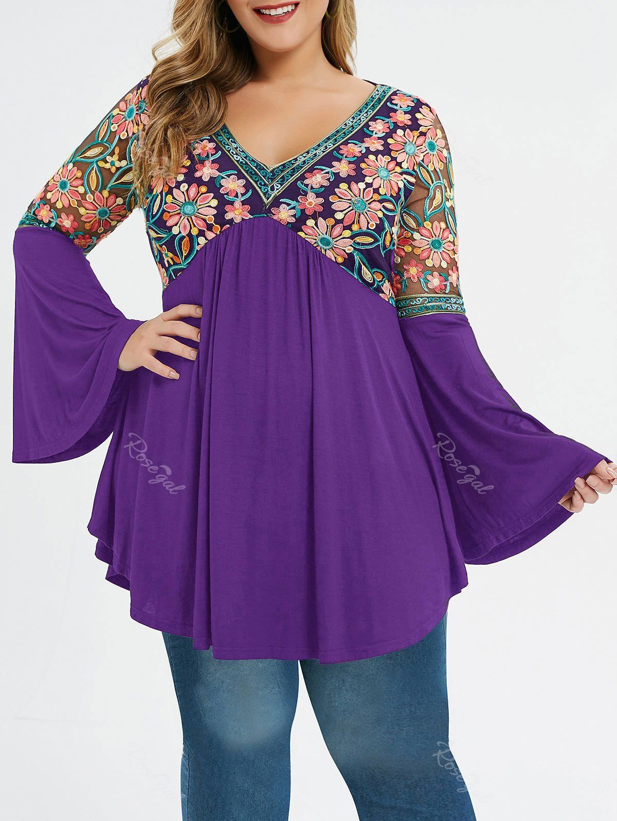 

Plus Size Flare Sleeve Embroidered T-shirt, Purple iris