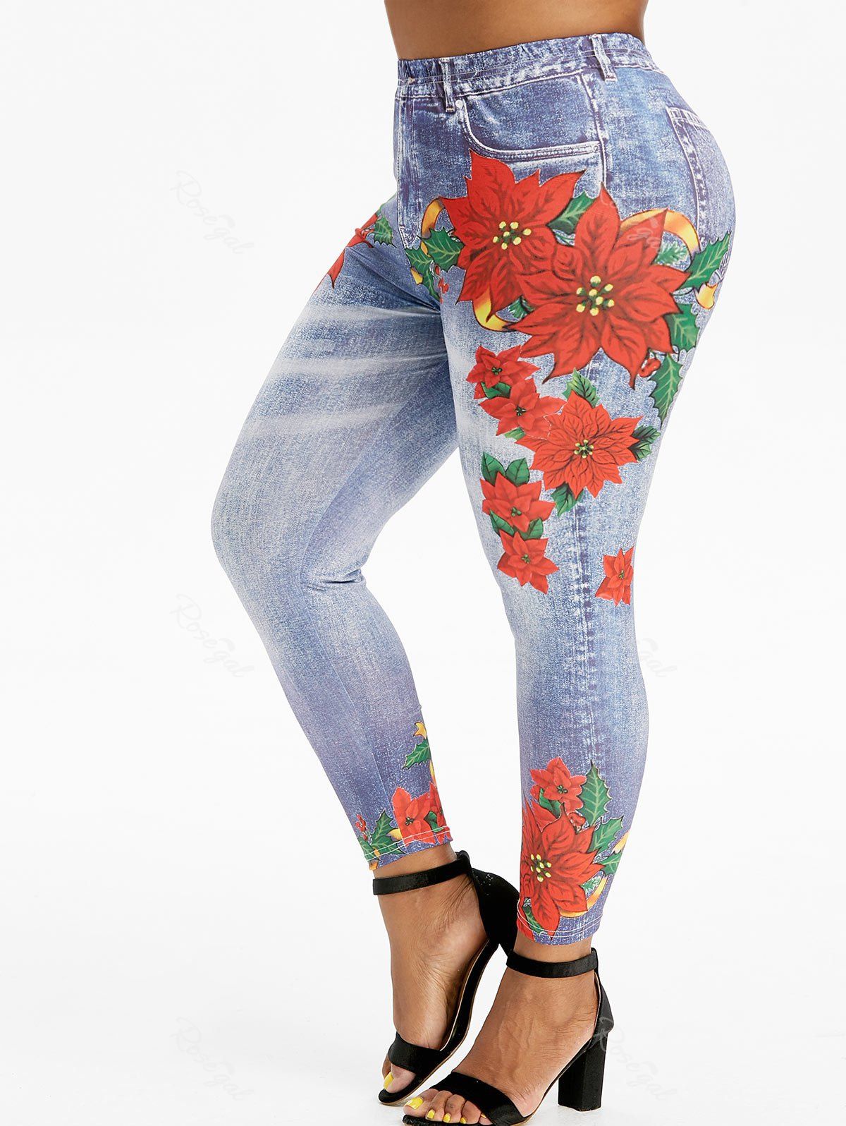 

Plus Size High Rise Floral Ninth 3D Jeggings, Blue gray