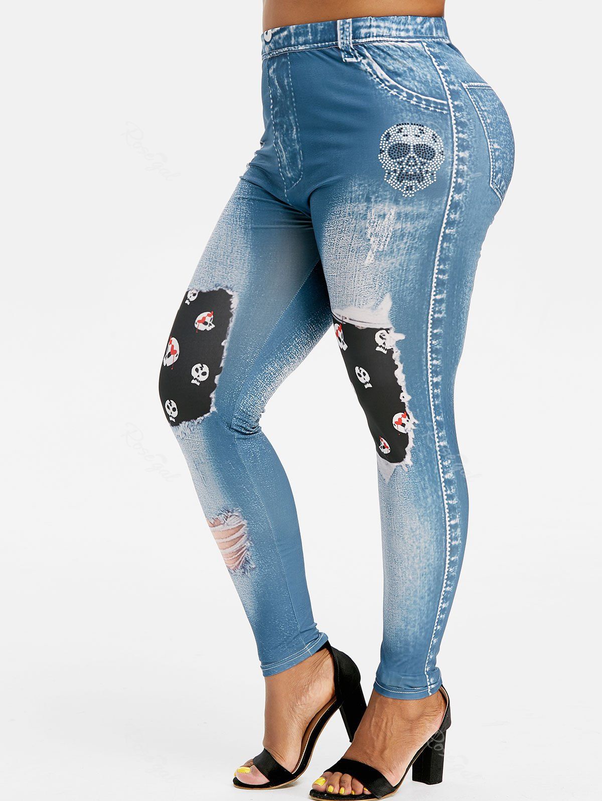 

Plus Size Halloween Skull 3D Destroyed Print Jeggings, Silk blue