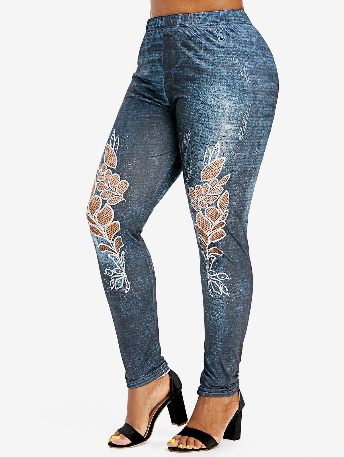 

Plus Size Leaves Print Skinny 3D Jeggings, Lapis blue