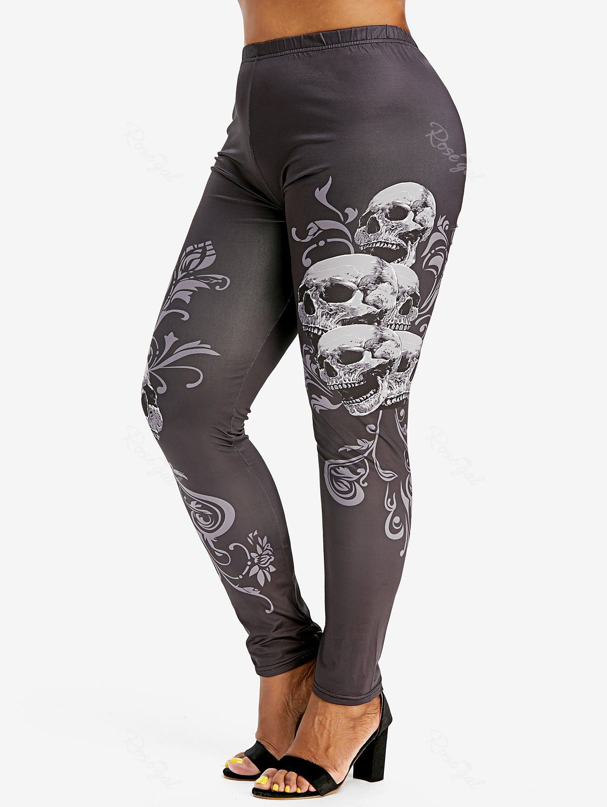 

Plus Size Floral Skull Gothic Halloween Leggings, Black