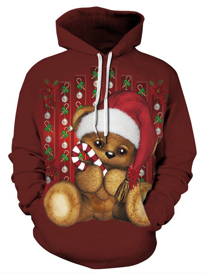 

Plus Size Cartoon Christmas Bear Print Kangaroo Pocket Hoodie, Red wine