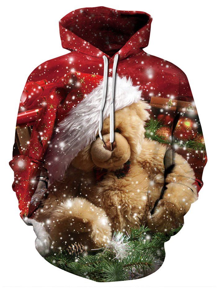 

Plus Size Christmas Cartoon Bear Print Kangaroo Pocket Hoodie, Red